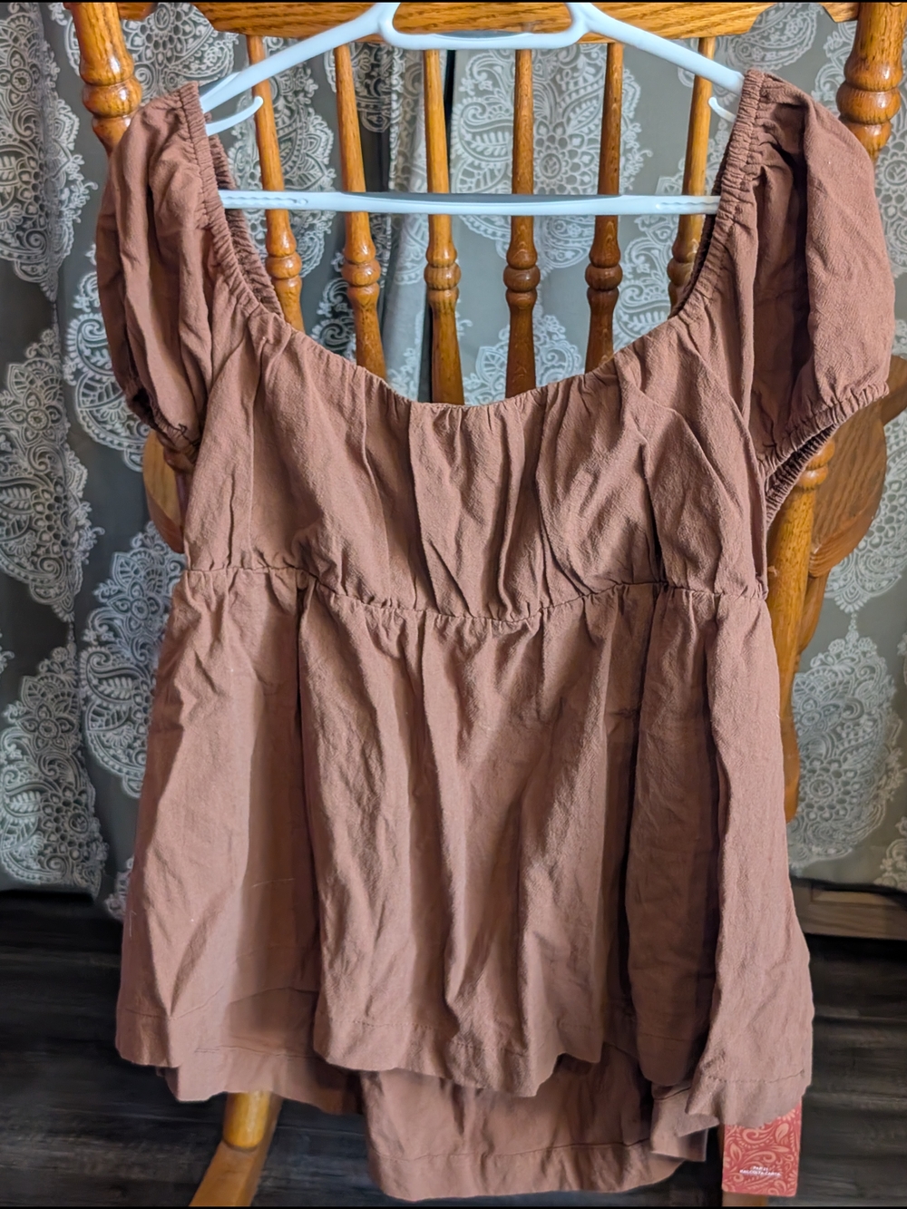 SHEIN Dusty Brown Puff-Sleeve Cropped Peasant Top